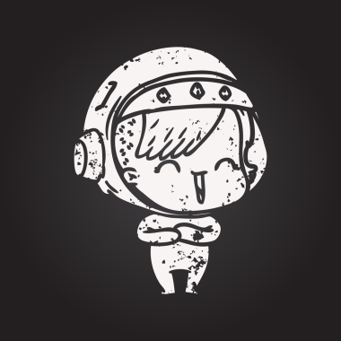 Karatahta tebeşir karikatürü gülen astronot kız bir insan tarafından çizilmiş.