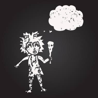 Karatahta tebeşirle çizilmiş düşünce balonu mağara kadını bir insan tarafından çizilmiş.