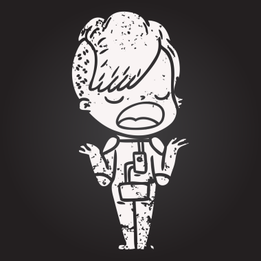 Karatahta tebeşir karikatürü uzay elbisesi içindeki havalı hippi kız bir insan tarafından çizilmiş.