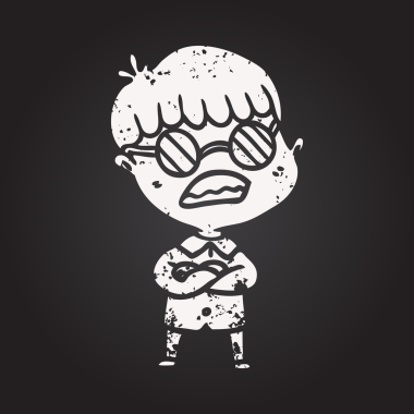 Bir insan tarafından çizilmiş gözlük takan çapraz kollu kara tahta çizgi film çocuğu.