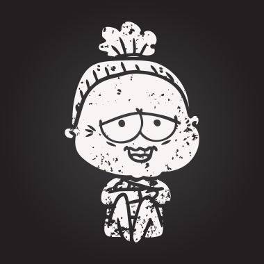 Karatahta karikatür mutlu yaşlı kadın bir insan tarafından çizilmiş.