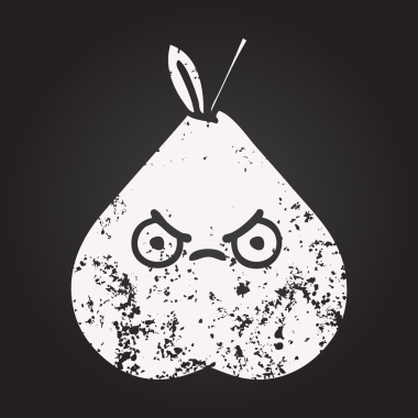 Karatahta bir insan tarafından çizilmiş kızgın bir armudun karikatürü.