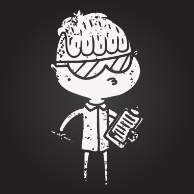 Bir insan tarafından çizilmiş güneş gözlüklü karikatür çocuk.