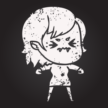 Karatahta tebeşiri bir insan tarafından çizilmiş vampir kız karikatürü.