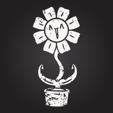 Karatahta tebeşirle çizilmiş mutlu çizgi film çiçekleri.