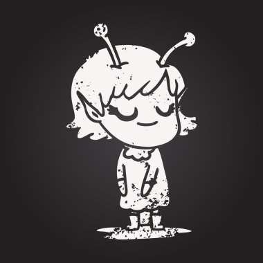 Karatahta tebeşirle gülümseyen uzaylı kız çizgi filmi bir insan tarafından çizilmiş.