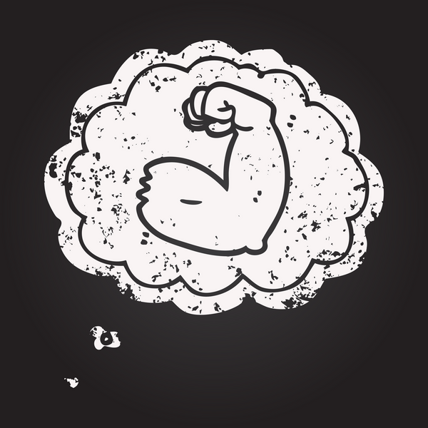 Tahta tebeşirle çizilmiş düşünce balonu çizgi filmi güçlü kol kasları bir insan tarafından çizilmiş.