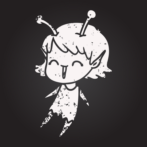 Karatahta tebeşirli uzaylı kız bir insan tarafından çizilmiş gülüyor.