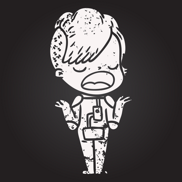 Karatahta tebeşir karikatürü uzay elbisesi içindeki havalı hippi kız bir insan tarafından çizilmiş.