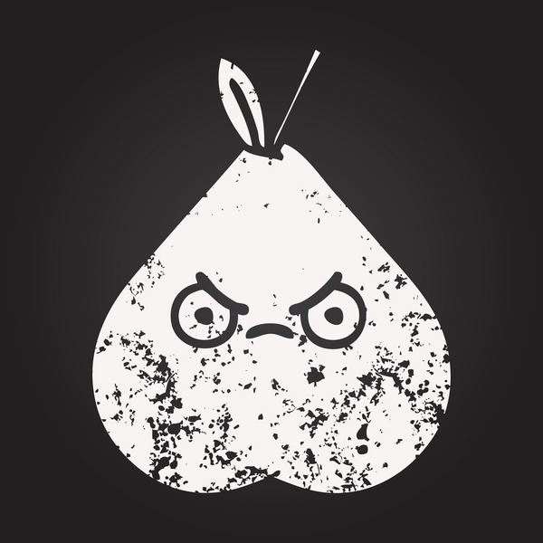 Karatahta bir insan tarafından çizilmiş kızgın bir armudun karikatürü.