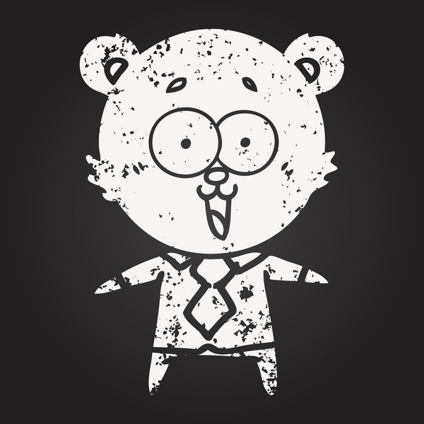 Karatahta tebeşirle gülen oyuncak ayı tişörtü ve bir insan tarafından çizilmiş kravat