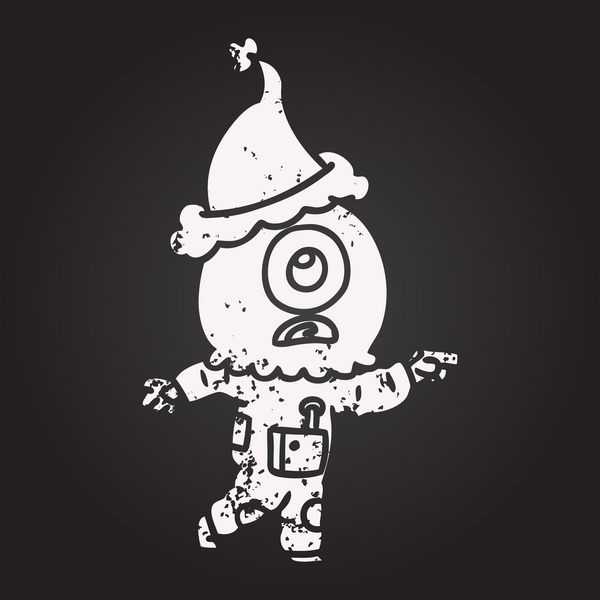 Kara tahta tebeşirle çizilmiş bir Tepegöz uzaylı uzay adamı Noel Baba şapkası giymiş bir insan tarafından çizilmiş.