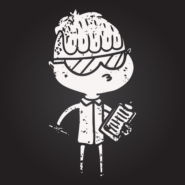 Bir insan tarafından çizilmiş güneş gözlüklü karikatür çocuk.