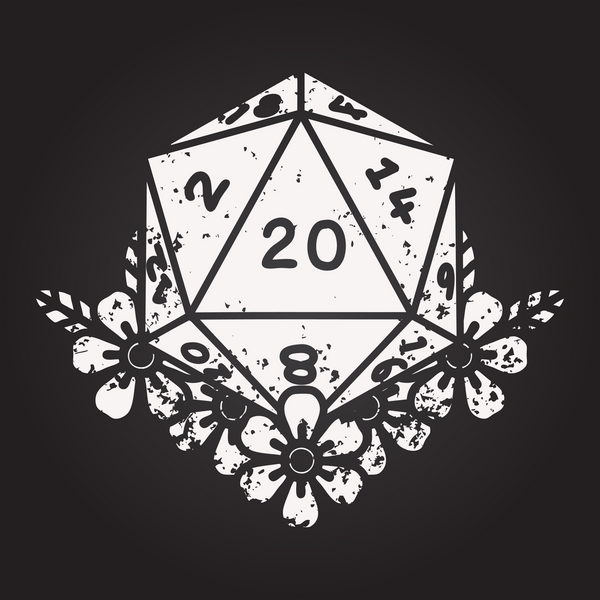 Kara tahta tebeşiri Siyah ve Beyaz Dövme Çizim Biçimi Doğal 20 D20 zar bir insan tarafından çizilmiş çiçek elementleri