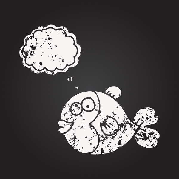 Tahta tebeşirle insan tarafından çizilmiş düşünce balonu karikatürü balığı.