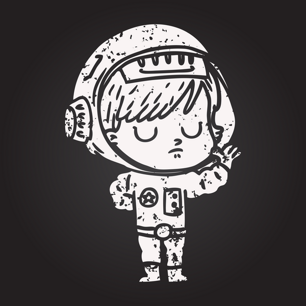 Bir insan tarafından çizilmiş kara tahta tebeşirli astronot kadın.