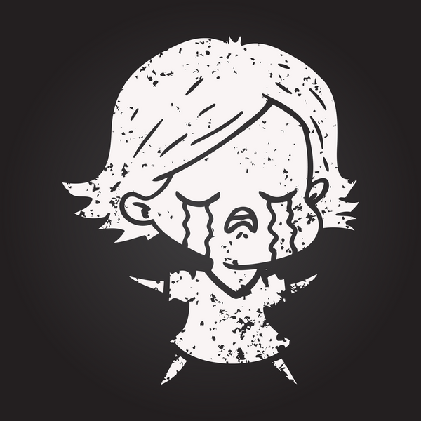 Tahta tebeşir karikatür kızı bir insan tarafından çizilmiş ağlıyor.