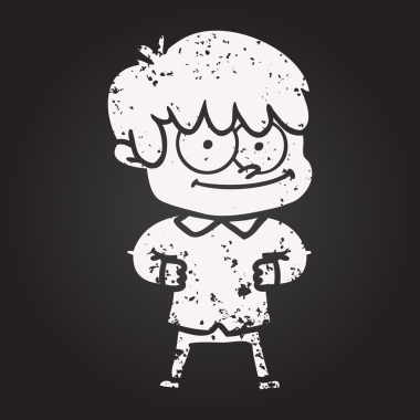 Bir insan tarafından çizilmiş kara tahta tebeşirli mutlu çizgi film adamı.