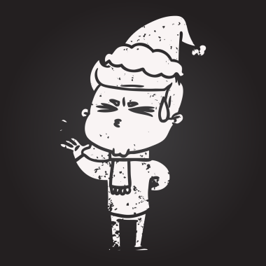 Tahta tebeşirle çizilmiş el çizimi terleyen bir adamın Noel Baba şapkası giymiş bir insan tarafından çizilmiş.