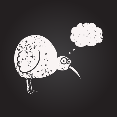 Tahta tebeşirle çizilmiş düşünce balonu kivi kuşu bir insan tarafından çizilmiş.