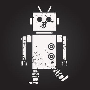 Bir insan tarafından çizilmiş mutlu bir robotun karikatürü.