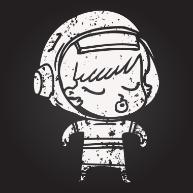 Tahta tebeşir karikatürü. Bir insan tarafından çizilmiş güzel astronot kız.