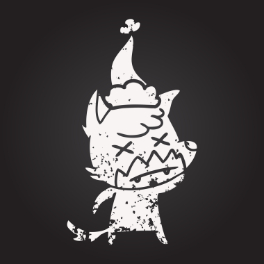 Tahta tebeşirle çizilmiş bir insan tarafından çizilmiş Noel Baba şapkası giymiş ölü bir tilkinin resmi.