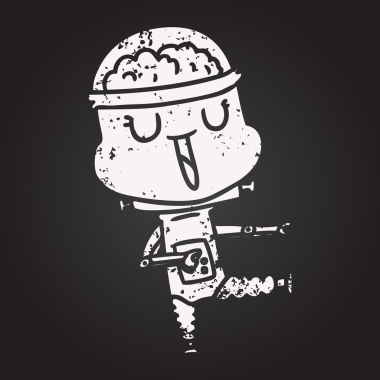 Bir insan tarafından çizilmiş kara tahta tebeşirli mutlu çizgi film robotu.