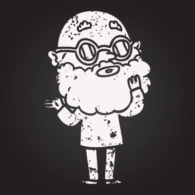 Karatahta tebeşir çizgi filmi sakallı ve gözlüklü meraklı bir adam bir insan tarafından çizilmiş.