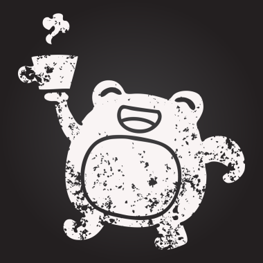 Bir insan tarafından çizilmiş sabah kahvesi ile mutlu bir kurbağanın karatahta karalaması