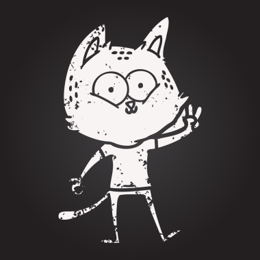 Tahta tebeşir çizgi film kedisi bir insan tarafından çizilmiş barış işareti veriyor.