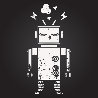 Karatahta tebeşirle bir insan tarafından çizilmiş arızalı bir robotun karikatürü