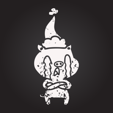 Tahta tebeşirle ağlayan domuz eli Noel Baba şapkası giymiş bir insan tarafından çizilmiş.