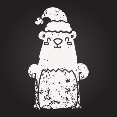 Bir insan tarafından çizilmiş Noel şapkası takan karatahta çizgi film ayısı.