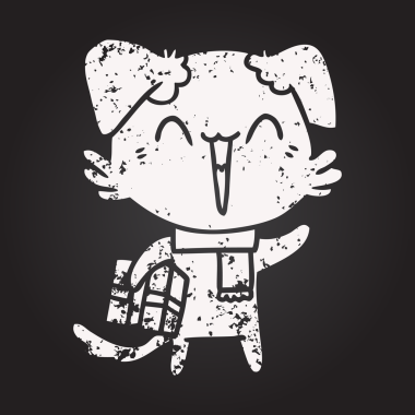 Karatahta tebeşirle çizilmiş bir insan tarafından çizilmiş kışın giydirilmiş mutlu küçük bir köpek.