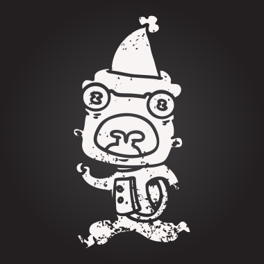 Karatahta tebeşirle çizilmiş tuhaf bir uzaylı kaçıyor Noel Baba şapkası giymiş bir insan tarafından çizilmiş.