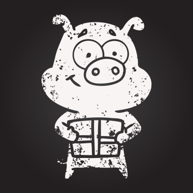 Karatahta tebeşirli mutlu çizgi film domuzu bir insan tarafından çizilmiş Noel hediyesini taşıyor.