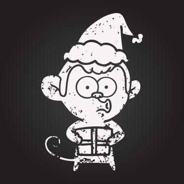 Karatahta tebeşirle çizilmiş Noel Baba şapkası takan bir maymunun insan tarafından çizilmiş resmi.