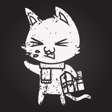 Tahta tebeşir karikatür tıslayan kedi Bir insan tarafından çizilmiş noel hediyesi