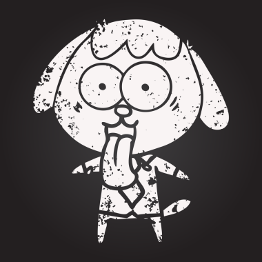 Bir insan tarafından çizilmiş ofis gömleği giyen kara tahta tebeşirli şirin çizgi film köpeği.