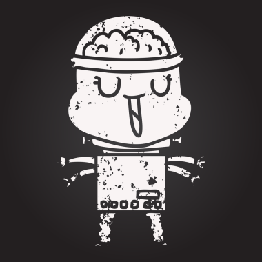 Bir insan tarafından çizilmiş kara tahta tebeşirli mutlu çizgi film robotu.