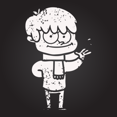 Bir insan tarafından çizilmiş kara tahta tebeşirli mutlu çizgi film adamı.