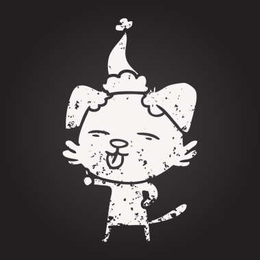 Tahta tebeşirle çizilmiş bir el çizimi. Dilini çıkarmış, Noel Baba şapkası takmış bir köpek insan tarafından çizilmiş.