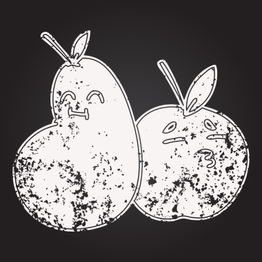 Bir insan tarafından çizilmiş mutlu bir elma ve armut karalaması.