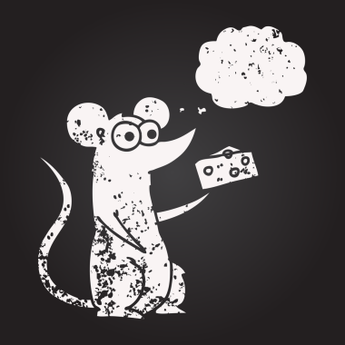 Tahta tebeşirle çizilmiş düşünce kabarcığı faresi bir insan tarafından çizilmiş peynirle