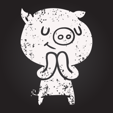 Karatahta tebeşirle çizilmiş mutlu çizgi film domuzu.