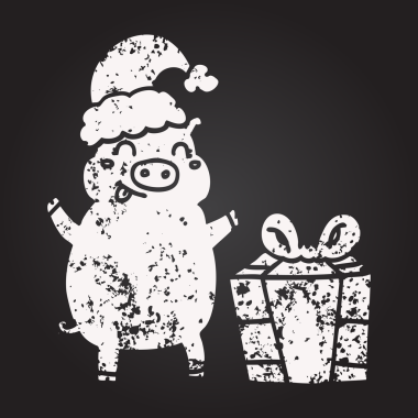 Karatahta tebeşiri mutlu noel domuzları bir insan tarafından çizilmiş.