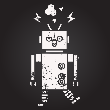 Tahta tebeşir, bir insan tarafından çizilmiş kırık bir robotun karikatürü.