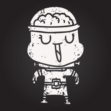 Bir insan tarafından çizilmiş kara tahta tebeşirli mutlu çizgi film robotu.