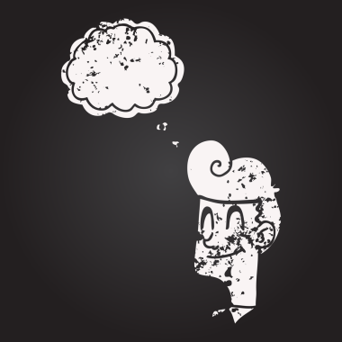 Tahta tebeşirle çizilmiş düşünce balonu çizgi filmi gülen adam bir insan tarafından çizilmiş.